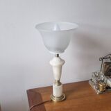 Neo-Empire style table lamp in alabaster and brass - V-shaped tulip shade
