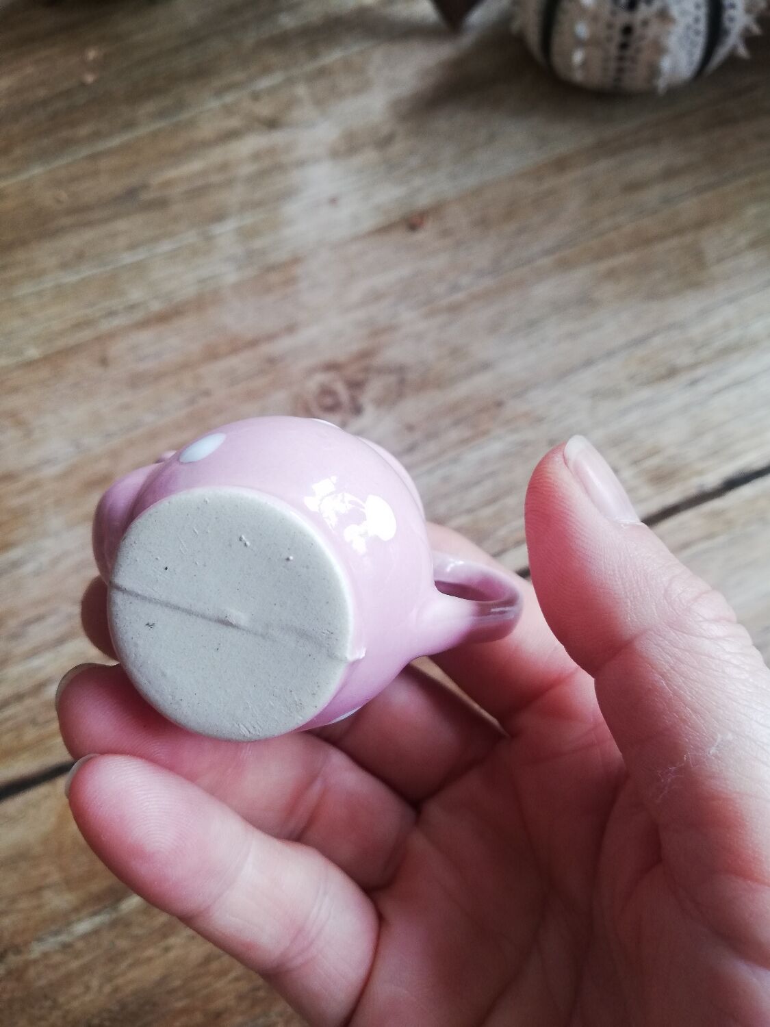 Miniature pink pitcher with white polka dots for play kitchen or dollhouse