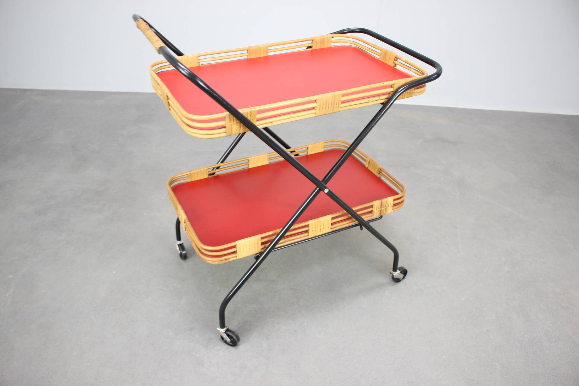 1960s Czechoslovak Mid-Century Folding Bamboo Serving Trolley Bar Cart