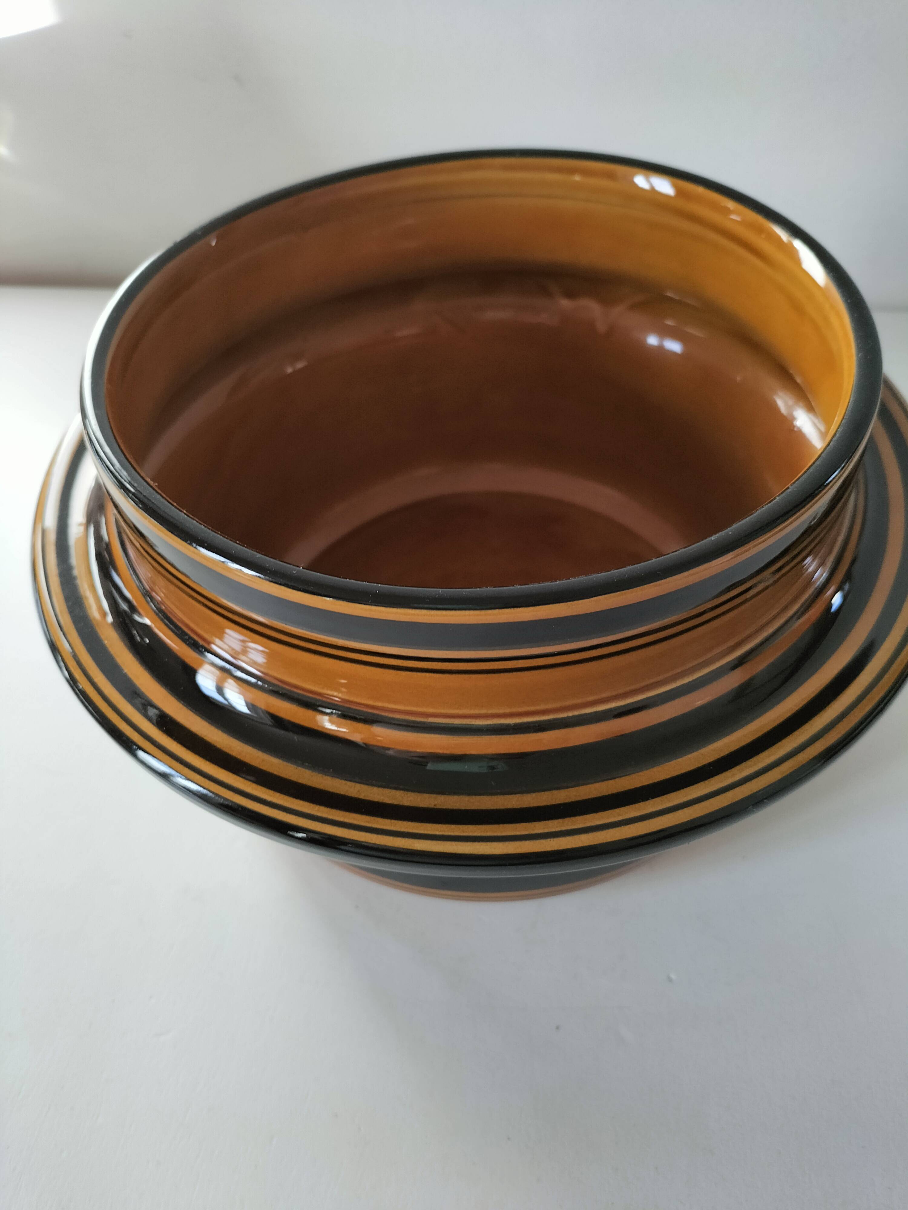 Vintage Luwasa cache-pot in brown caramel and black, ceramic, 1975