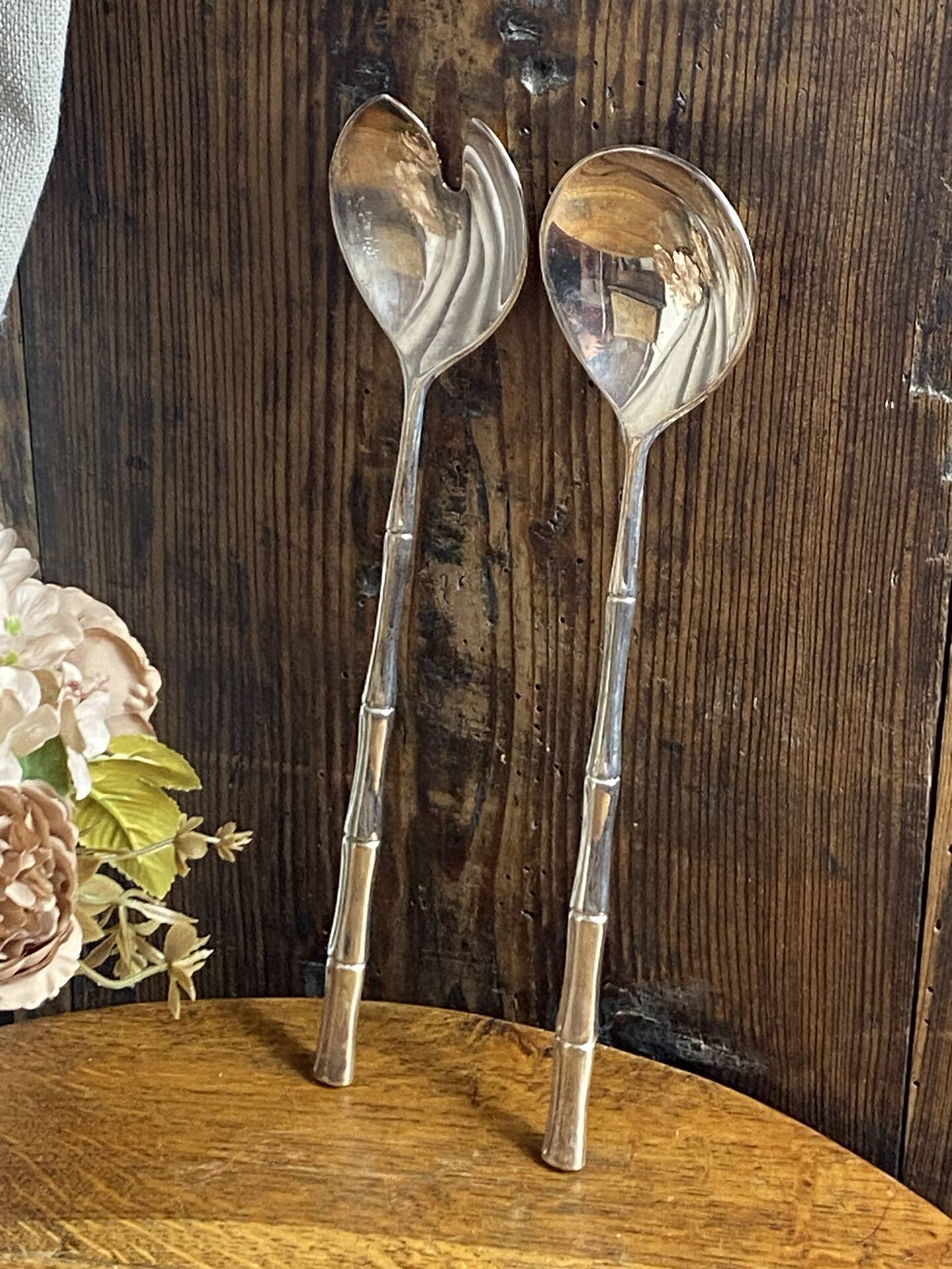 Bamboo-style serving cutlery in silver-plated metal