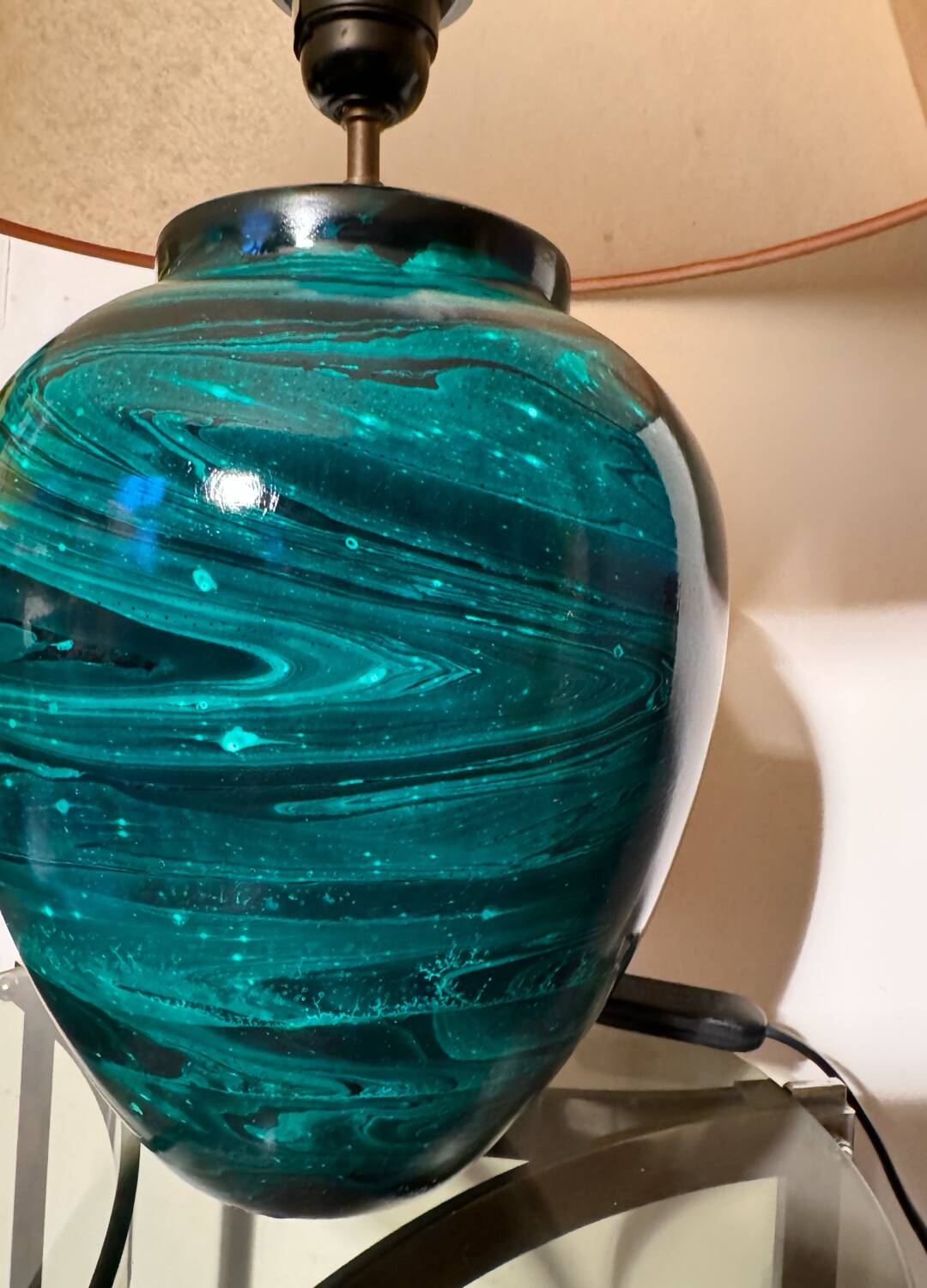 80s faux malachite ceramic lamp