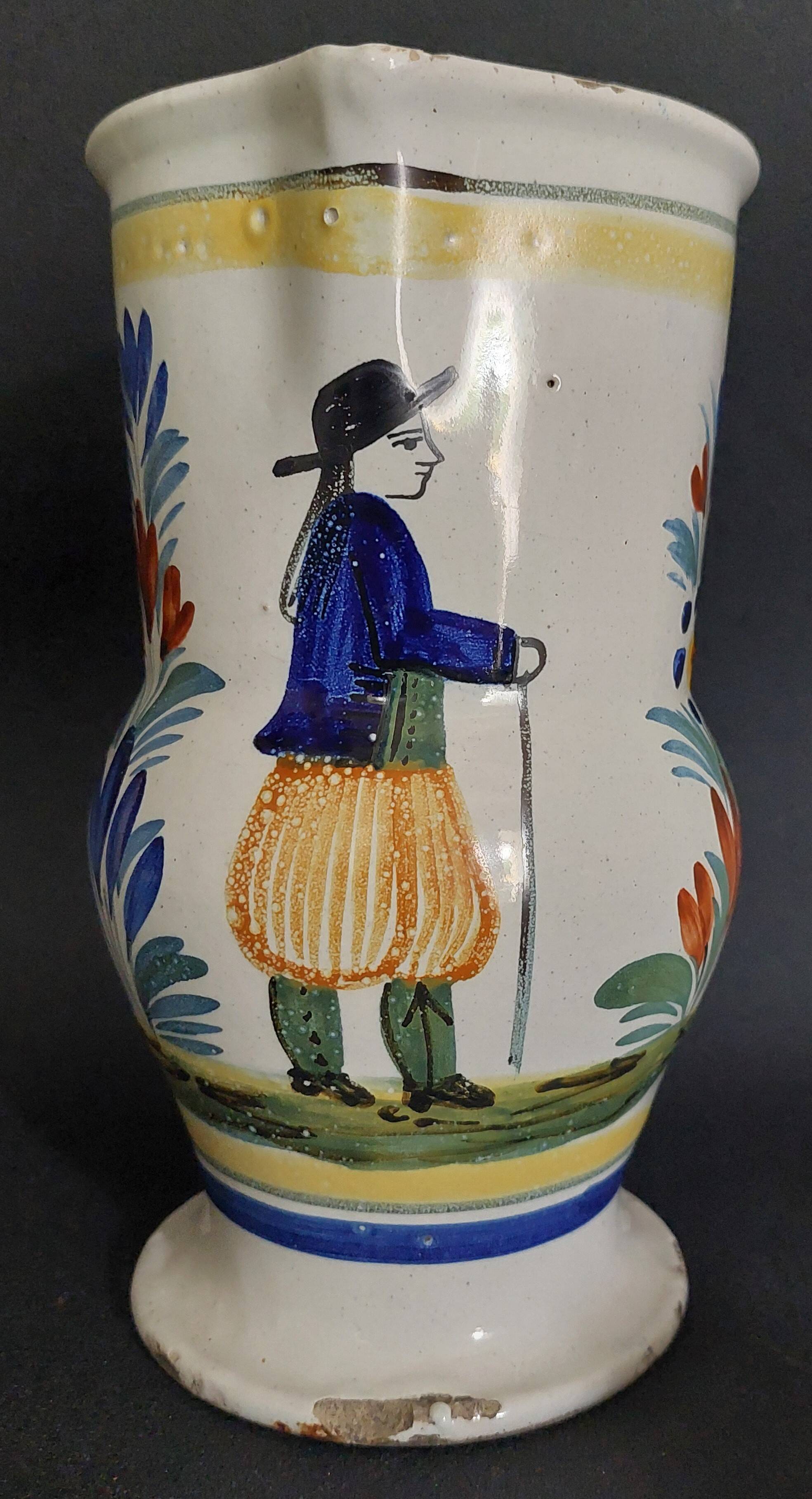 HB Quimper earthenware pitcher, late 19th century character