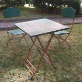Mid century distressed painted iron garden table and 2 chairs