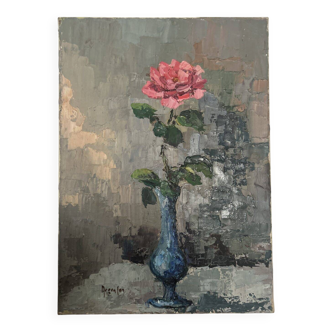 Old painting in oil on canvas, "The Rose in the Blue Vase," mid-20th century, signed.