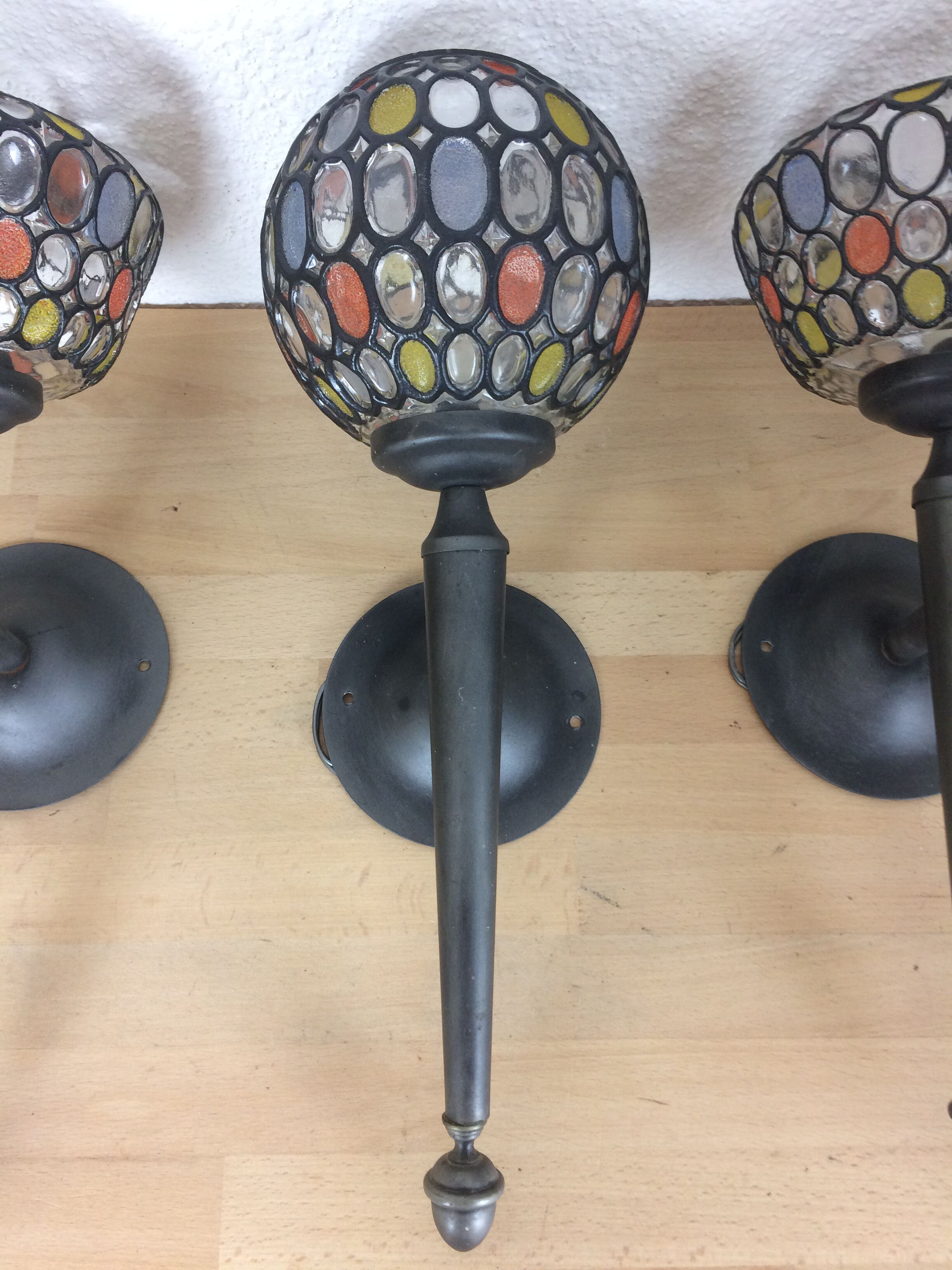 3 appliques balls colored glass and metal, 80s