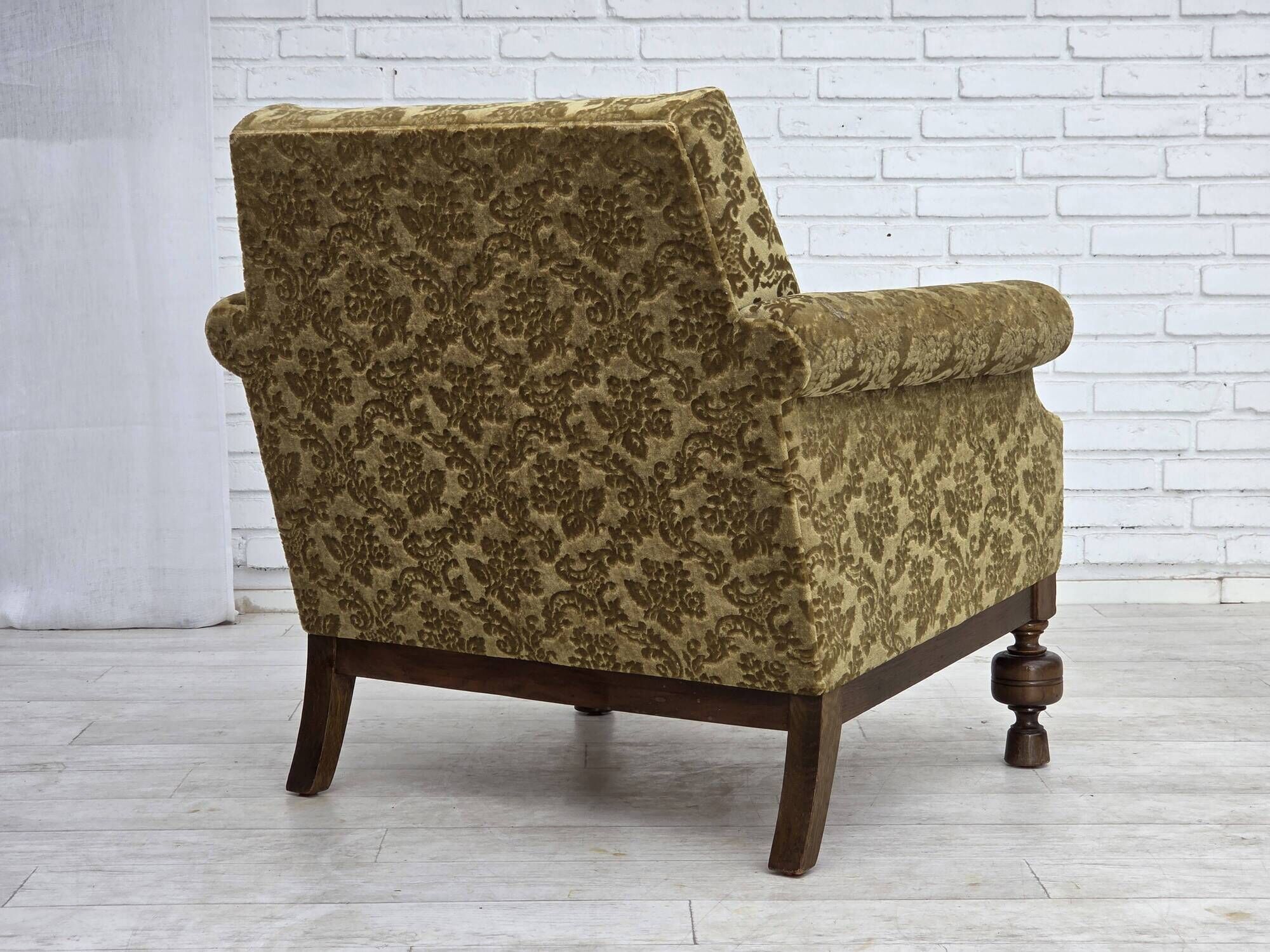 1960s, Danish armchair, furniture velour, carved oak wood.