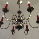 French Vintage Two-Tone Silver Metal 6-Light Flemish Chandelier with Red Drips