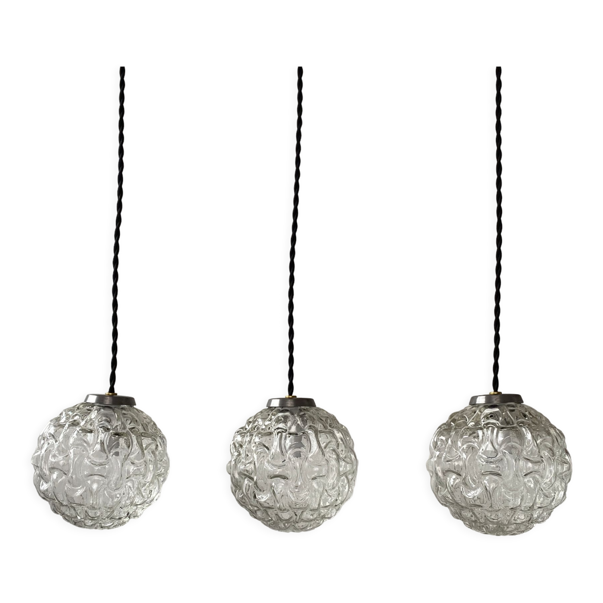 Set of 3 vintage glass pendant lamps