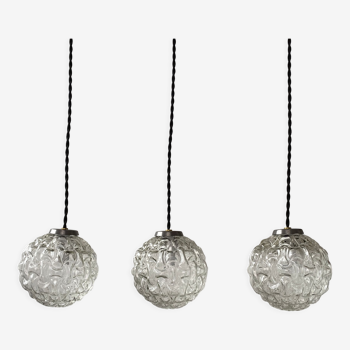 Set of 3 vintage glass pendant lamps