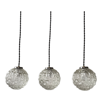 Set of 3 vintage glass pendant lamps