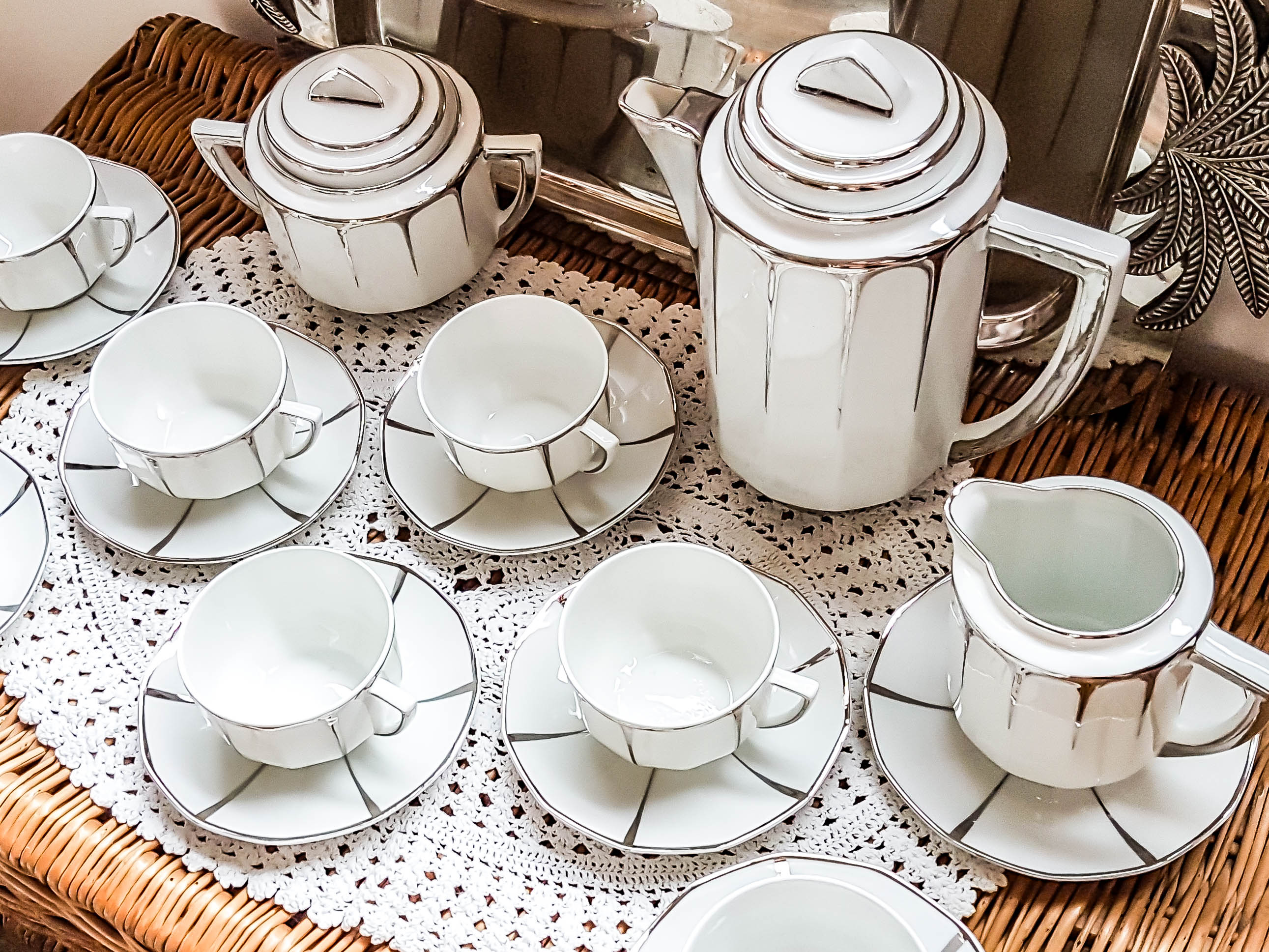 LIMOGES White and Silver Art Deco Style Coffee Service
