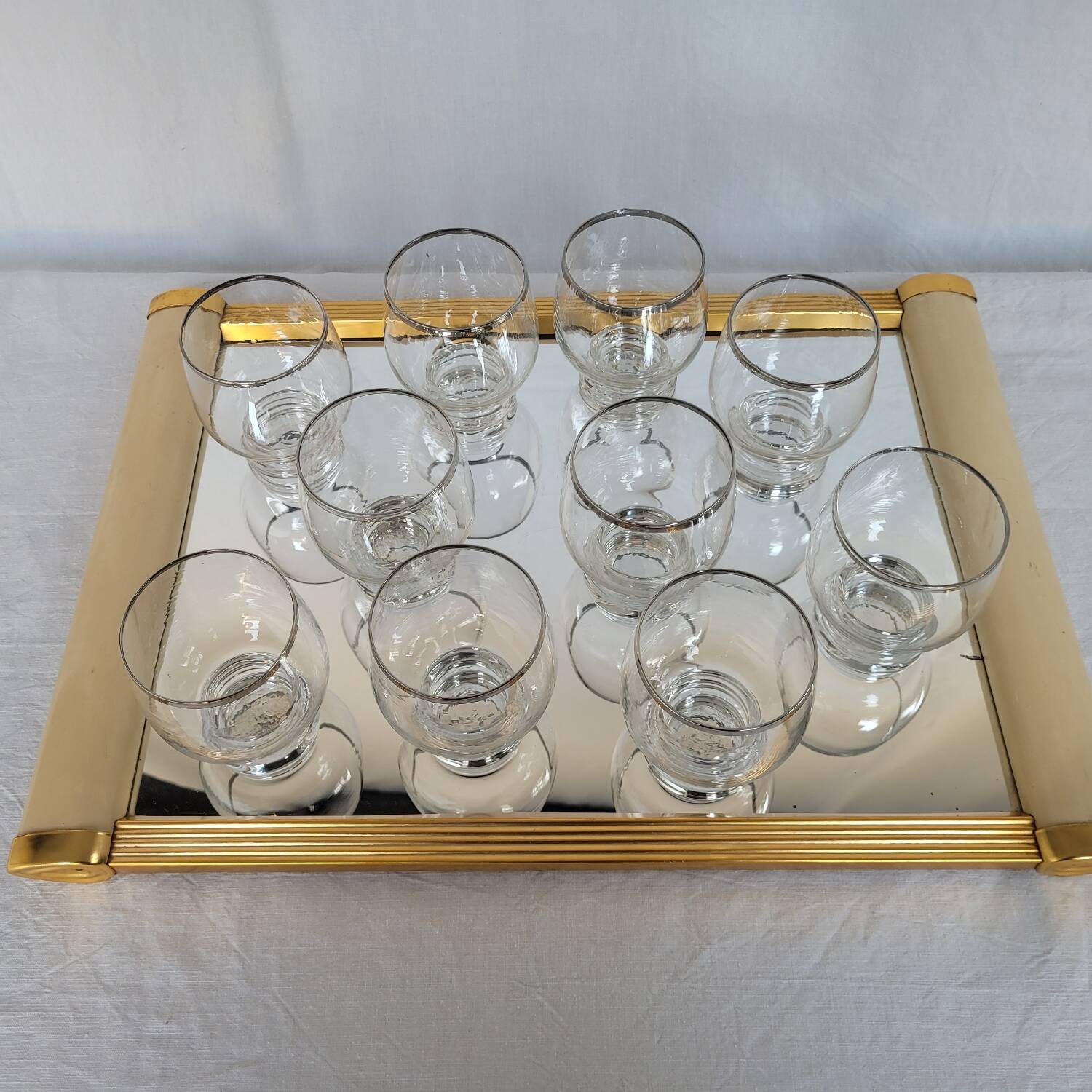 10 antique glasses with silver trim – French glassware, around 1950