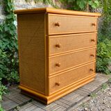 Chest of drawers and bedside table in rattan cane and oak, vintage 1970s