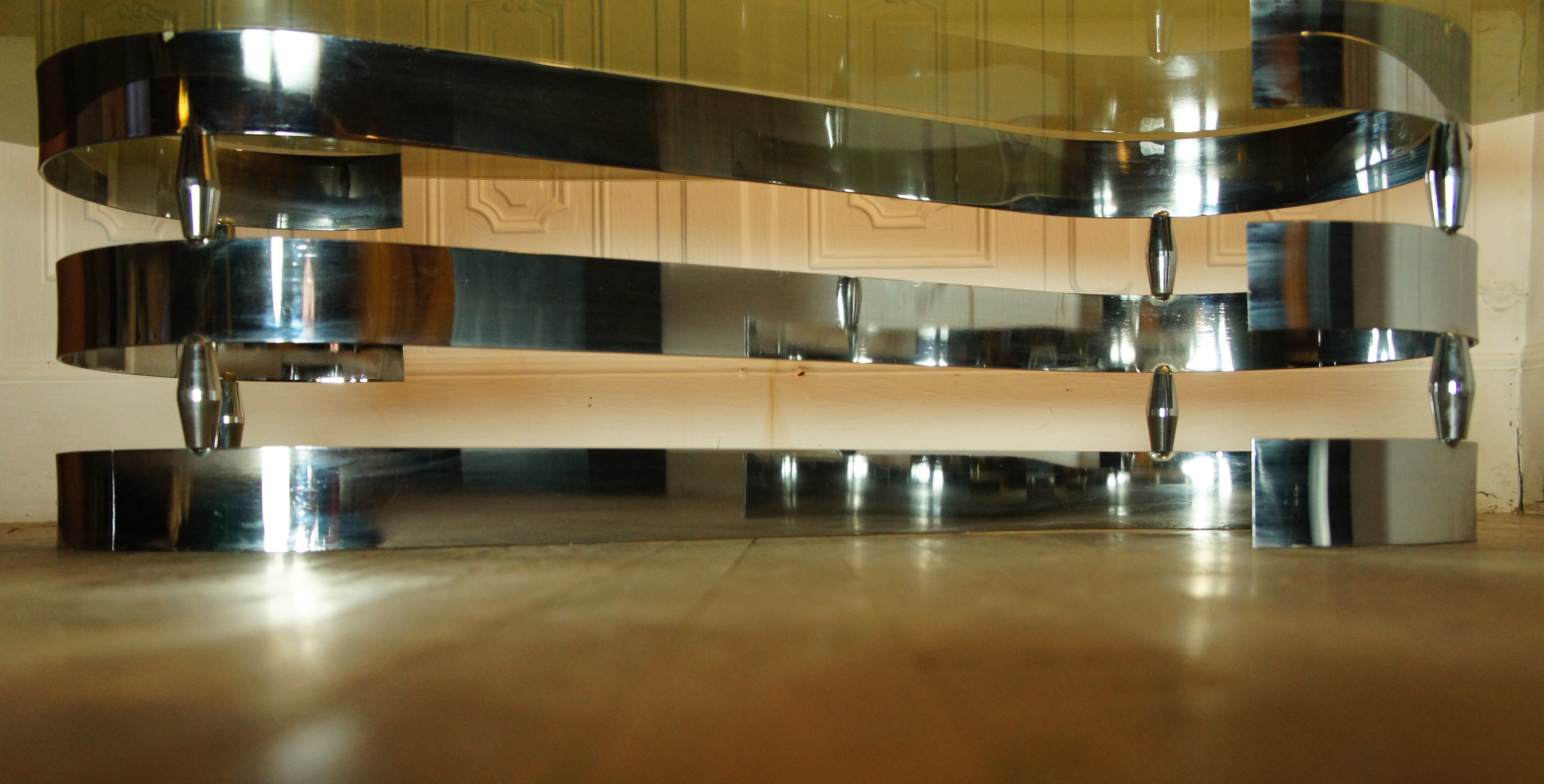 Chrome metal coffee table and 1970 smoked glass