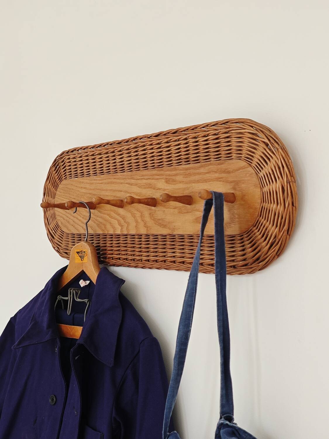 Rattan and wood wall coat rack by ULUV, former Czechoslovakia 1960