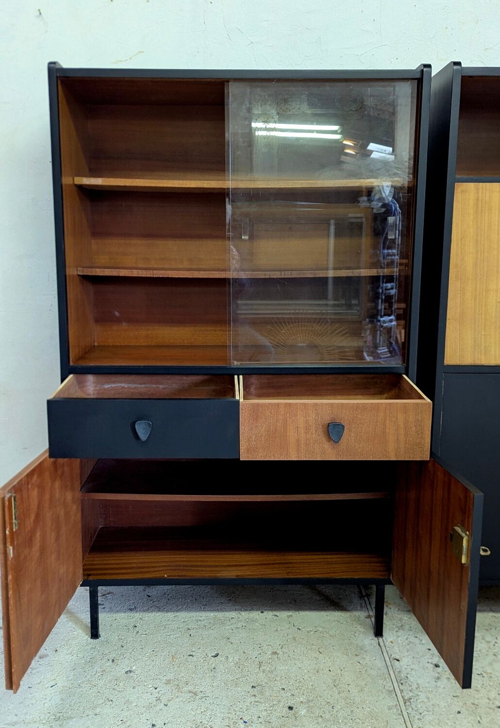 Vintage 1960s Secretary and Display Cabinet Set with Compass Design Legs