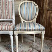 Pair of Louis XVI style chairs in painted wood and satin, classic elegance.