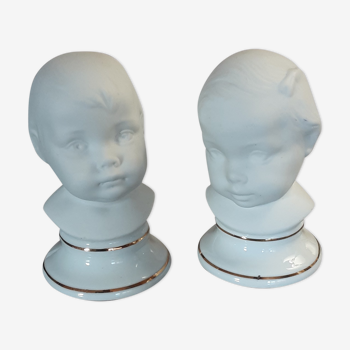 2 bustes fille et garçon - biscuit porcelaine vintage