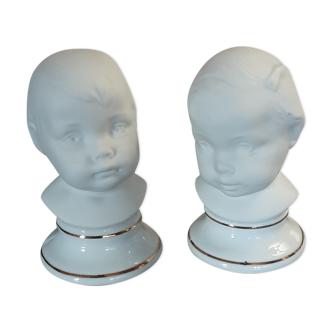 2 busts girl and boy - vintage porcelain biscuit