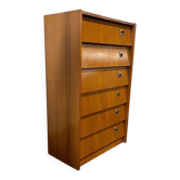 Vintage wooden shoe cabinet / cabinet with drop-down door and chrome accents.