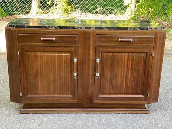 Buffet parisien art déco vintage en bois massif et marbre noir 180cm