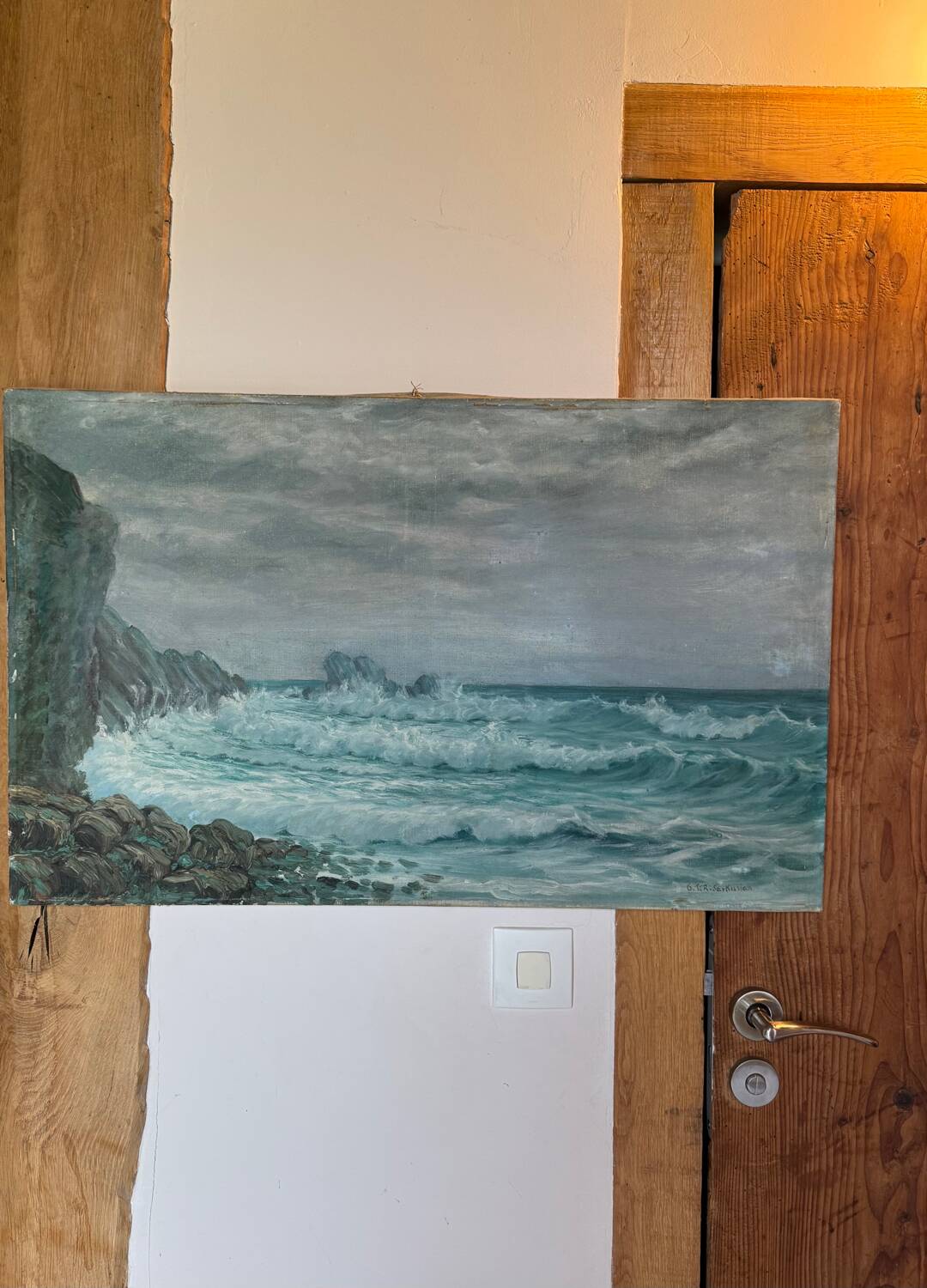 Ancient table, marine landscape, signed 20th century.
