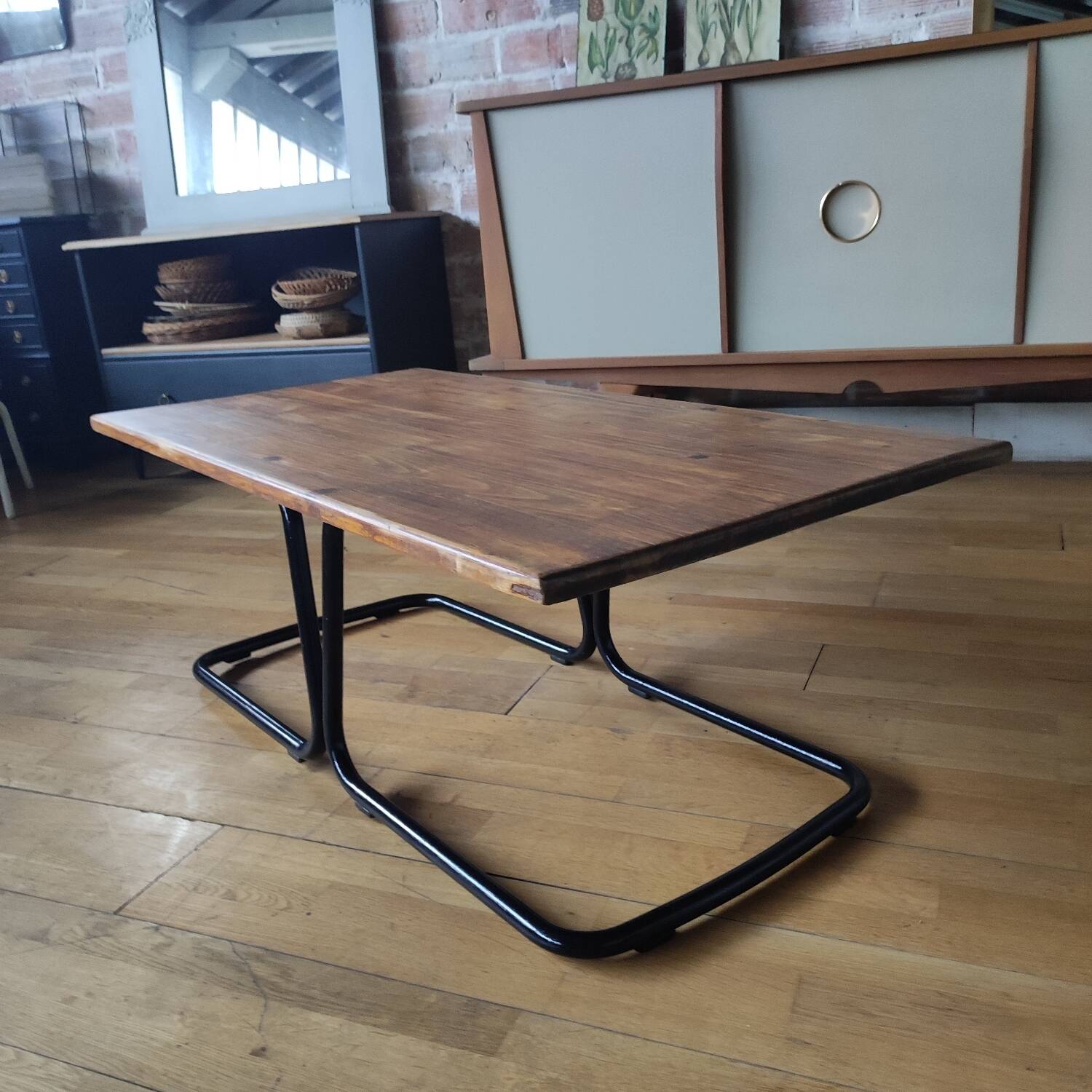 Industrial metal and wood coffee table