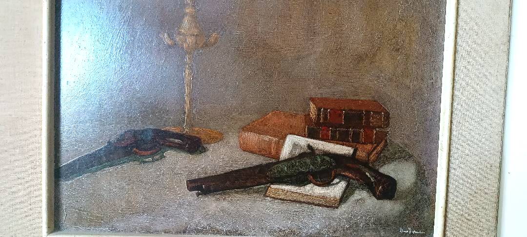 Oil painting on faesite books and lamp - signed 70s