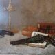 Oil painting on faesite books and lamp - signed 70s
