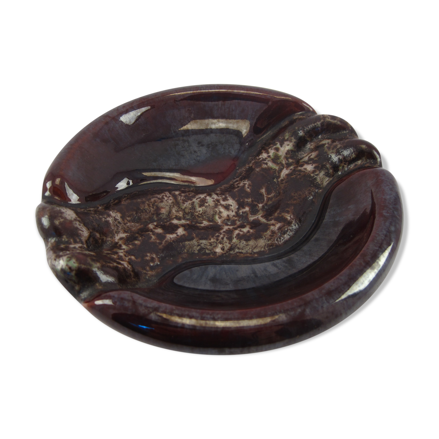 Empty ashtray pocket modernist ceramic iridescent wash VALLAURIS FRANCE circa 1950 1960