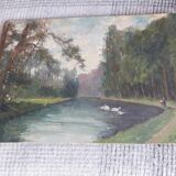 Tableau ancien à l'huile représentant un paysage