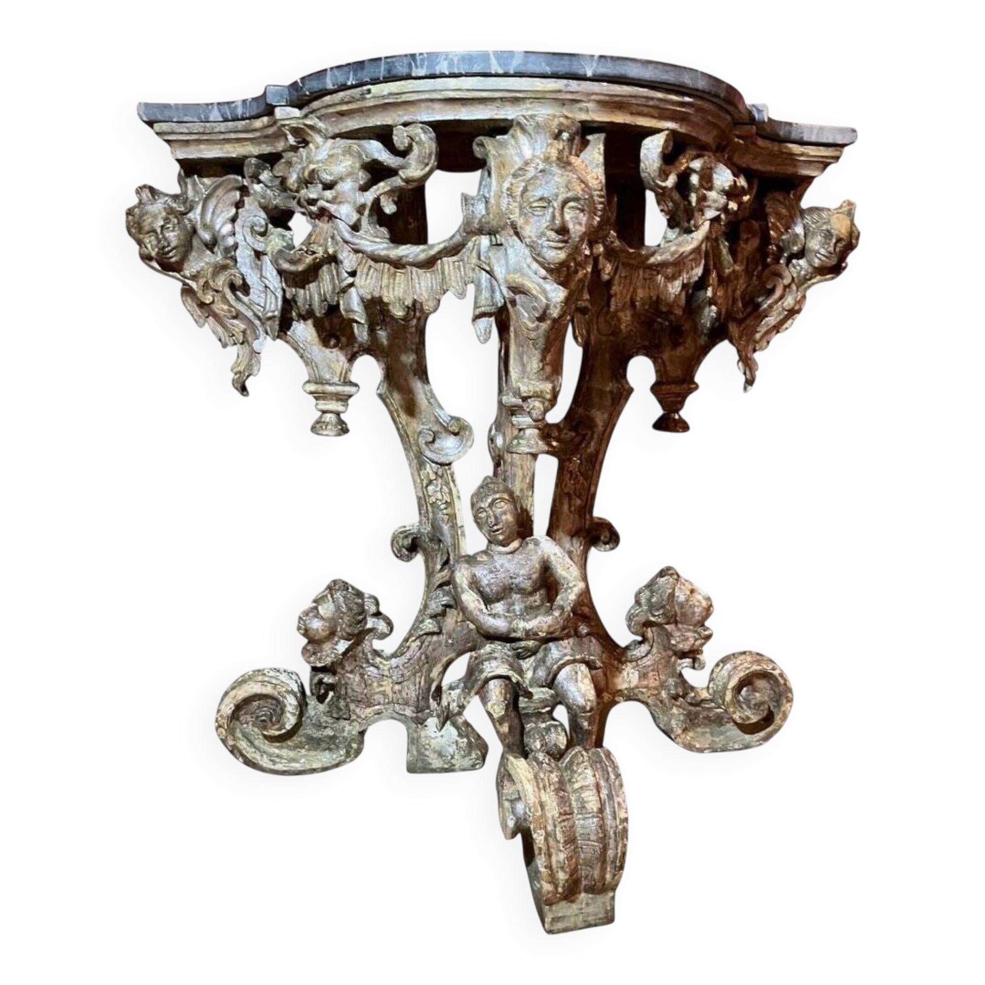 Italian Sculptural Silver Mecca Gilding Console Tables, Set of 2