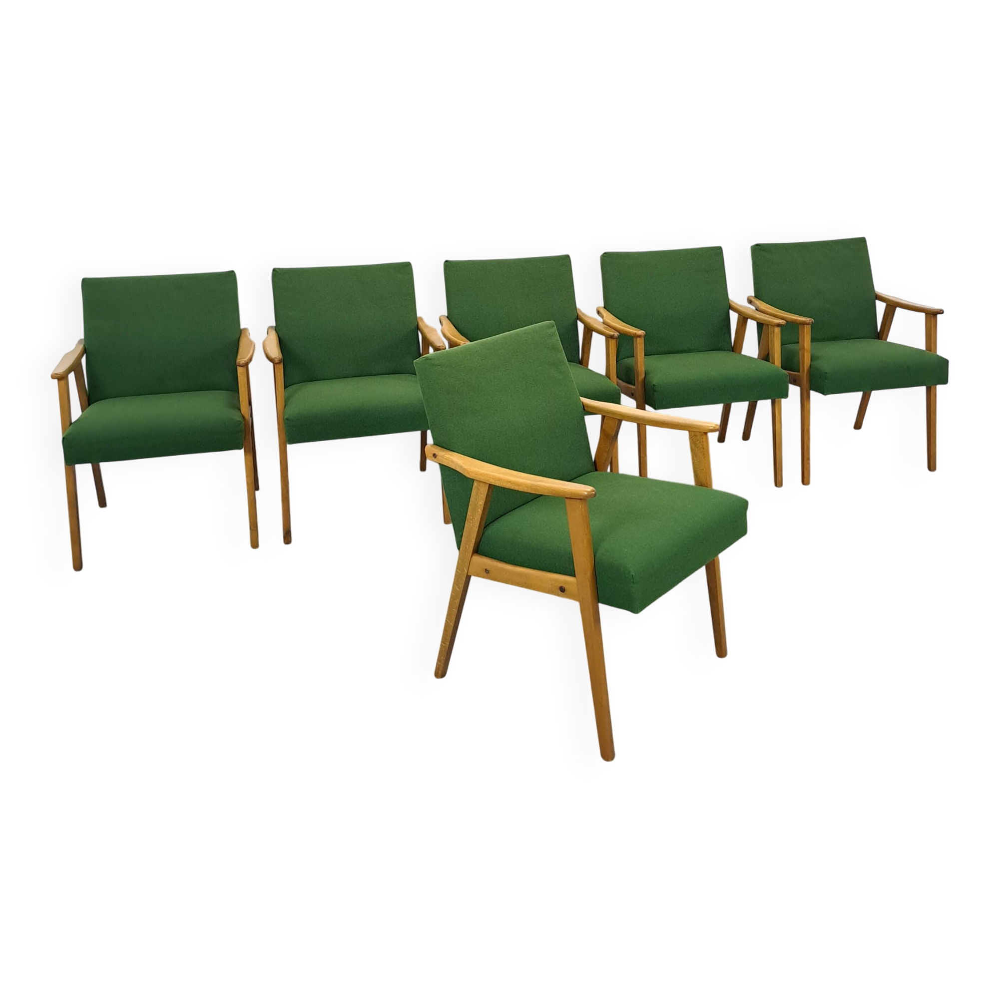 Set of 6 groene eetkamerstoelen met beukenhout