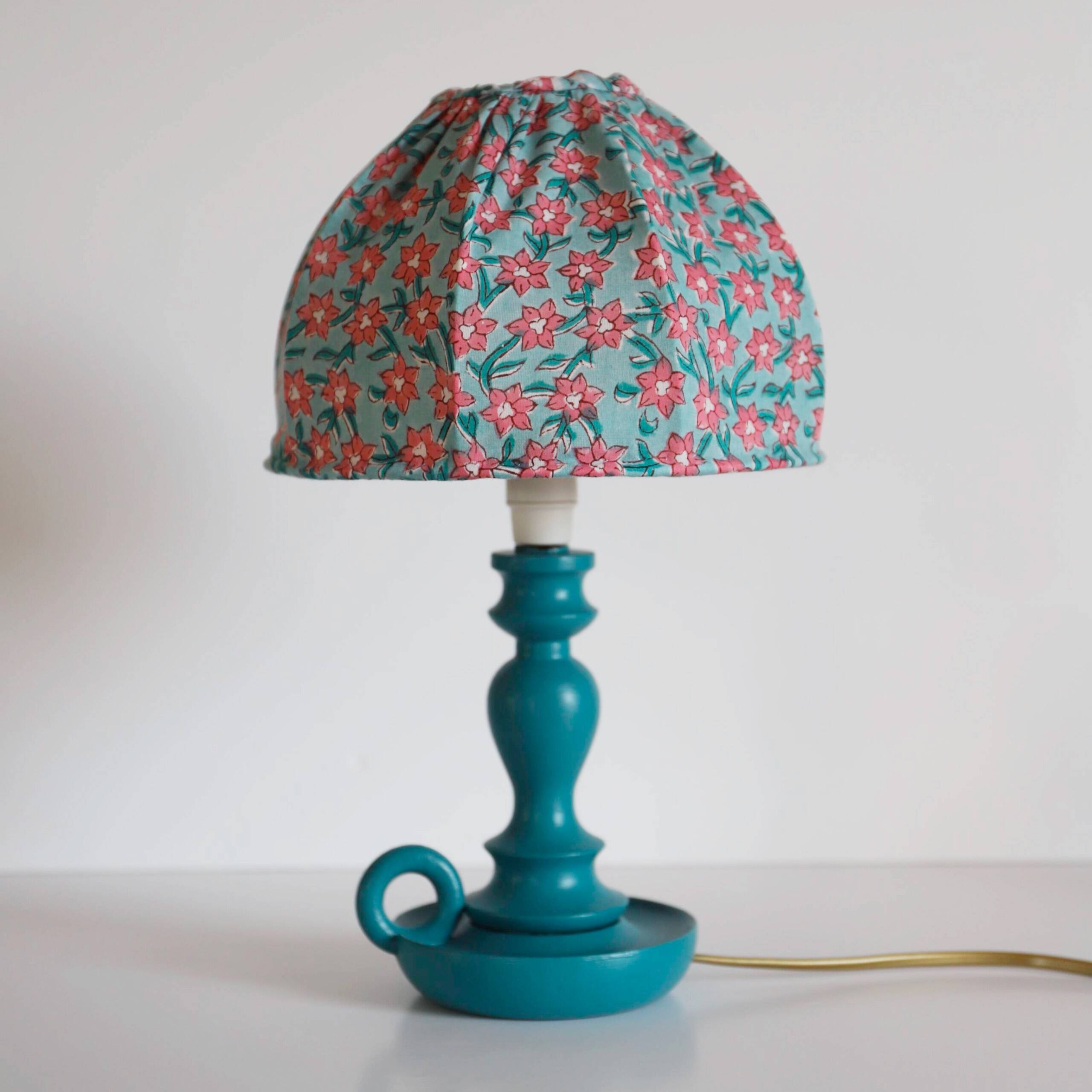 Small old candlestick lamp with hand-stitched flowered lampshade