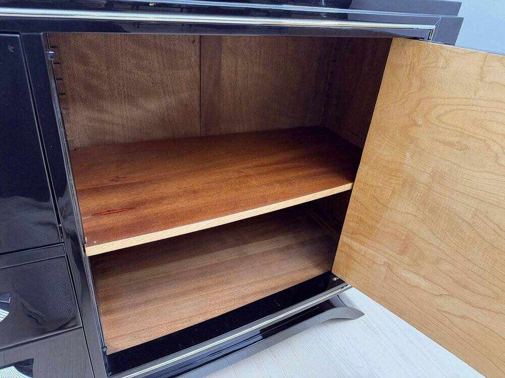 Art Deco Sideboard in Black Lacquer, Maple & Chrome, France, 1930