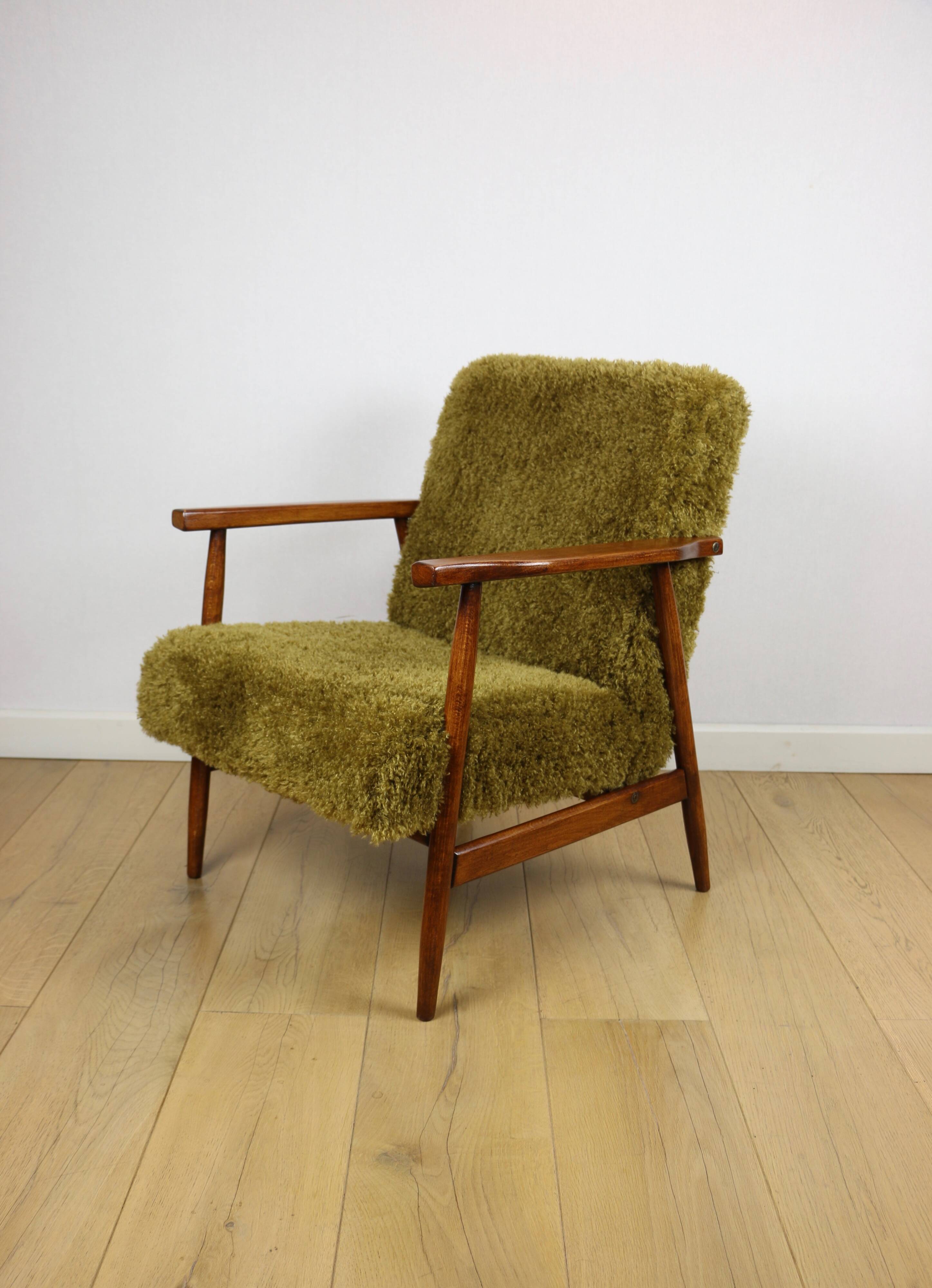Vintage armchair, 1970s red fox - high pile khaki / olive - long pile
