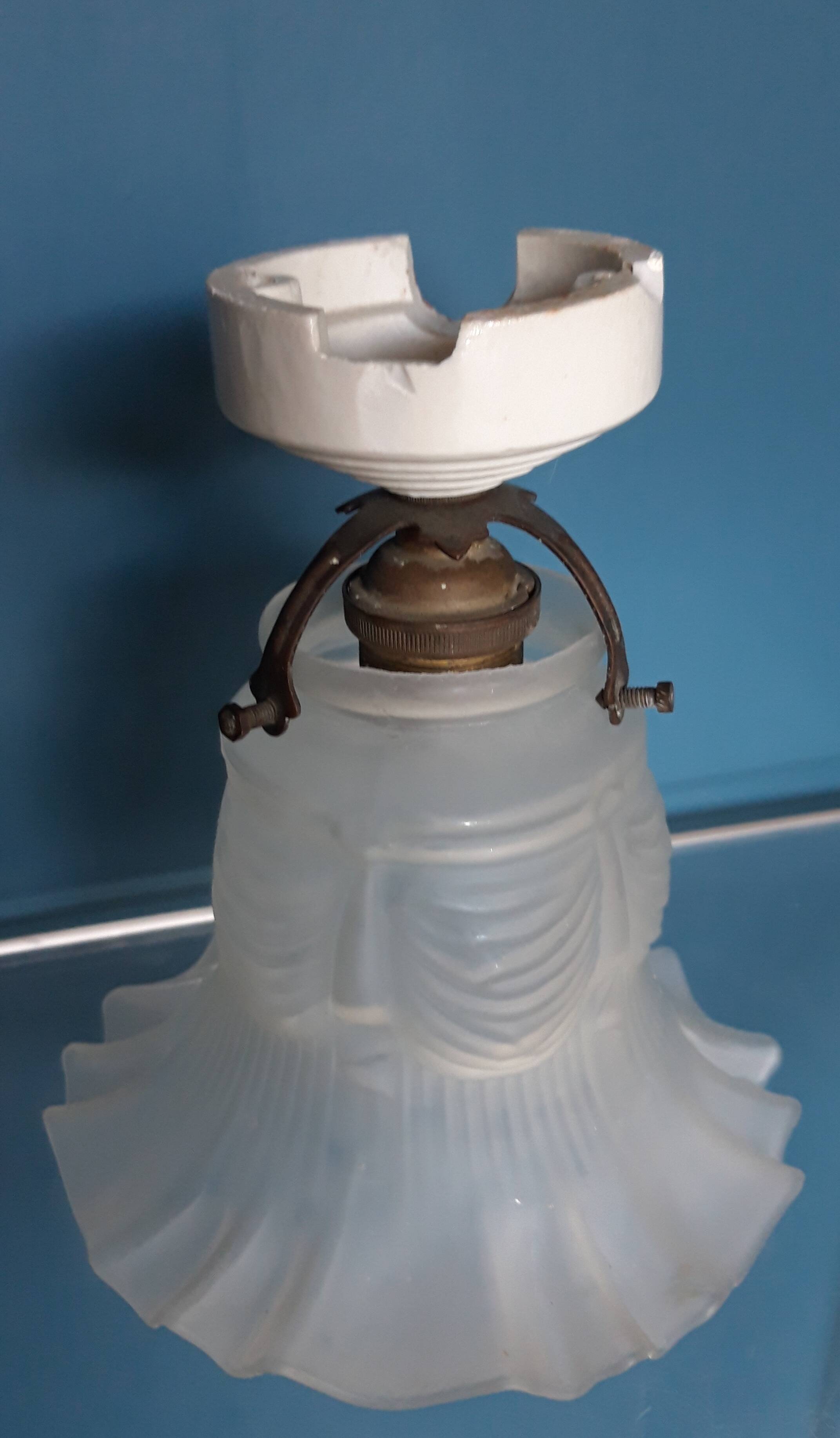 Pair of Art Nouveau 1900 frosted glass ceiling lights and their base