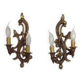 Pair Vintage French Bronze Double Wall Lights Acanthus Leaf & Flower Detail