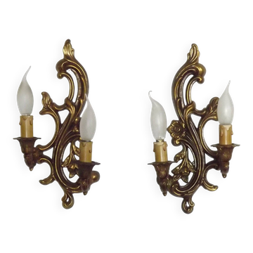 Pair Vintage French Bronze Double Wall Lights Acanthus Leaf & Flower Detail