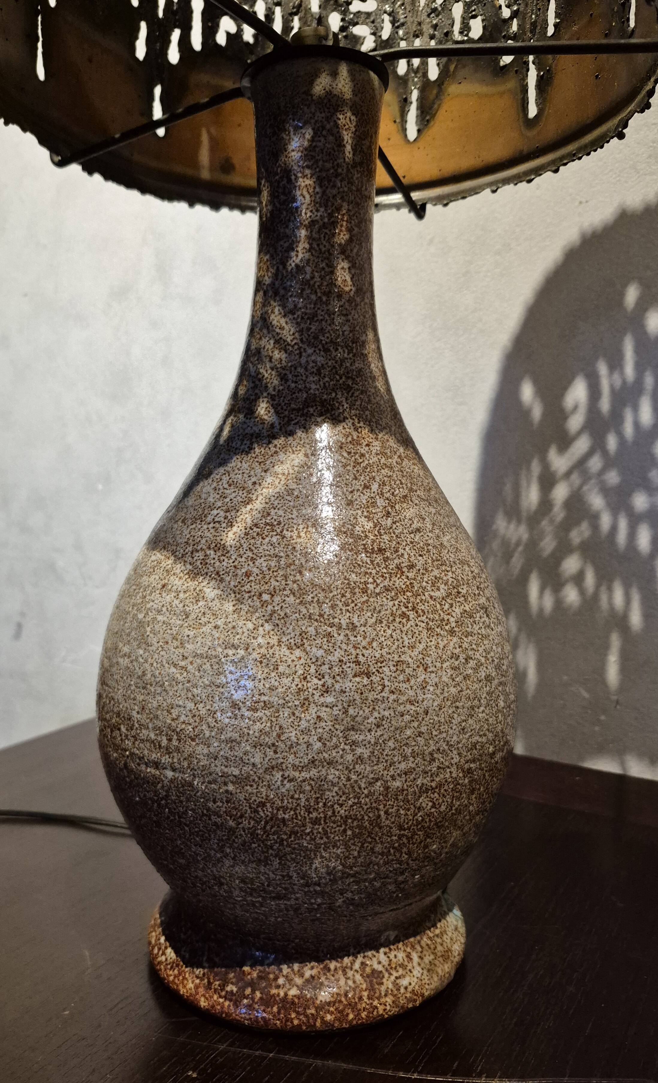 Large vintage Accolay lamp with flamed ceramic and metal shade.
