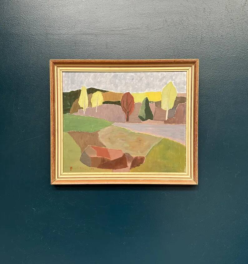 Original Swedish Oil on Panel – “Trees and Fields” by Carl‑Einar Andersson (1925–1975) – 1959 – Vintage & Framed – 53 × 44.5cm (20.9"×17.5")