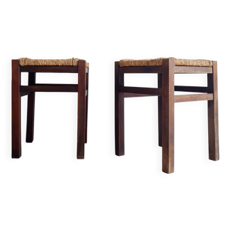 Paire de tabourets en bois et corde