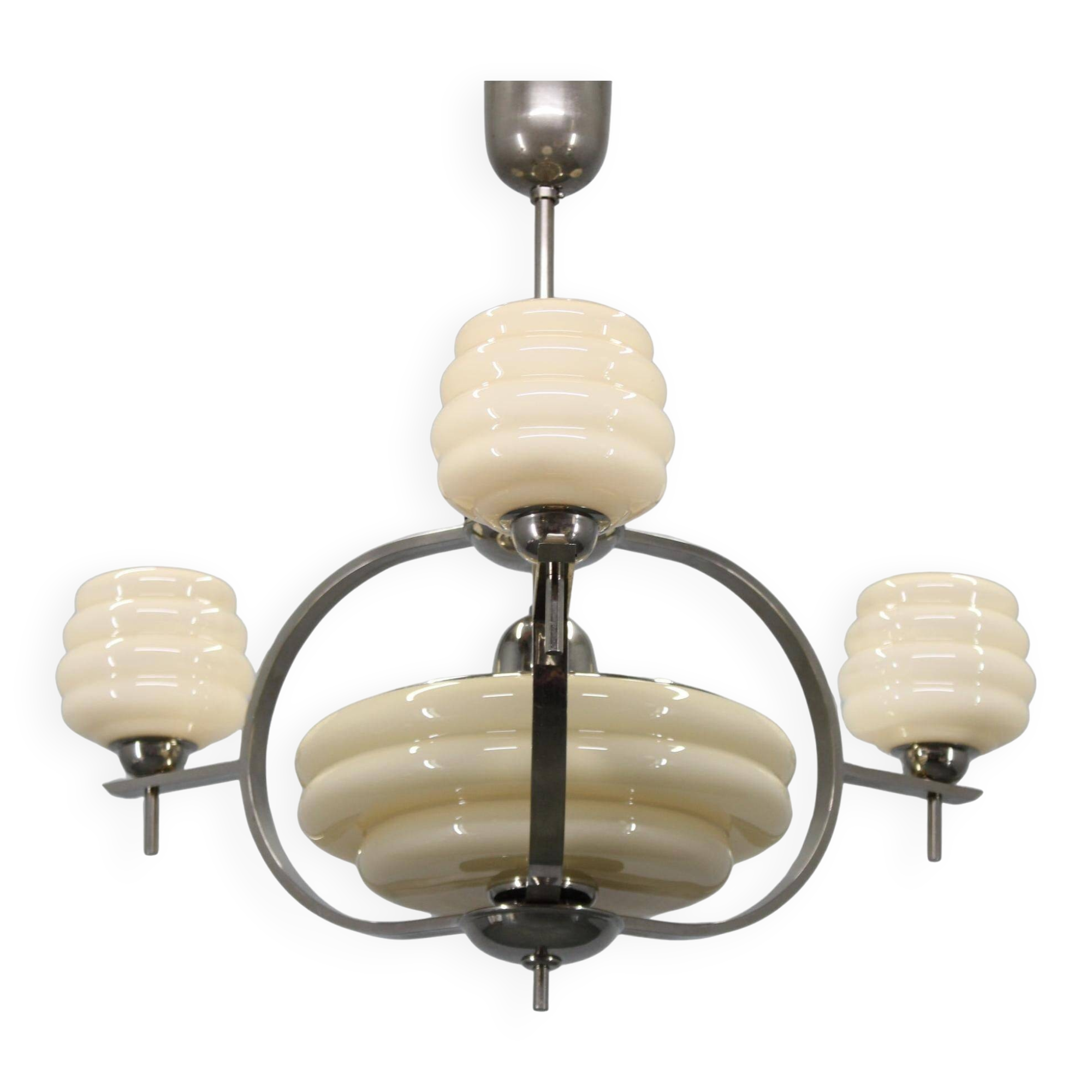 1930s Art Deco nickel and cream glass chandelier