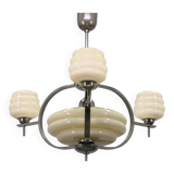 1930s Art Deco nickel and cream glass chandelier