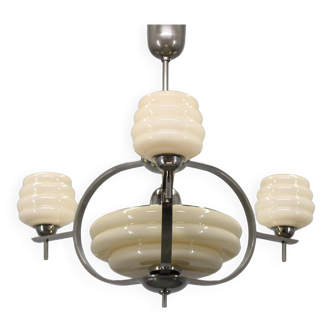 1930s Art Deco nickel and cream glass chandelier