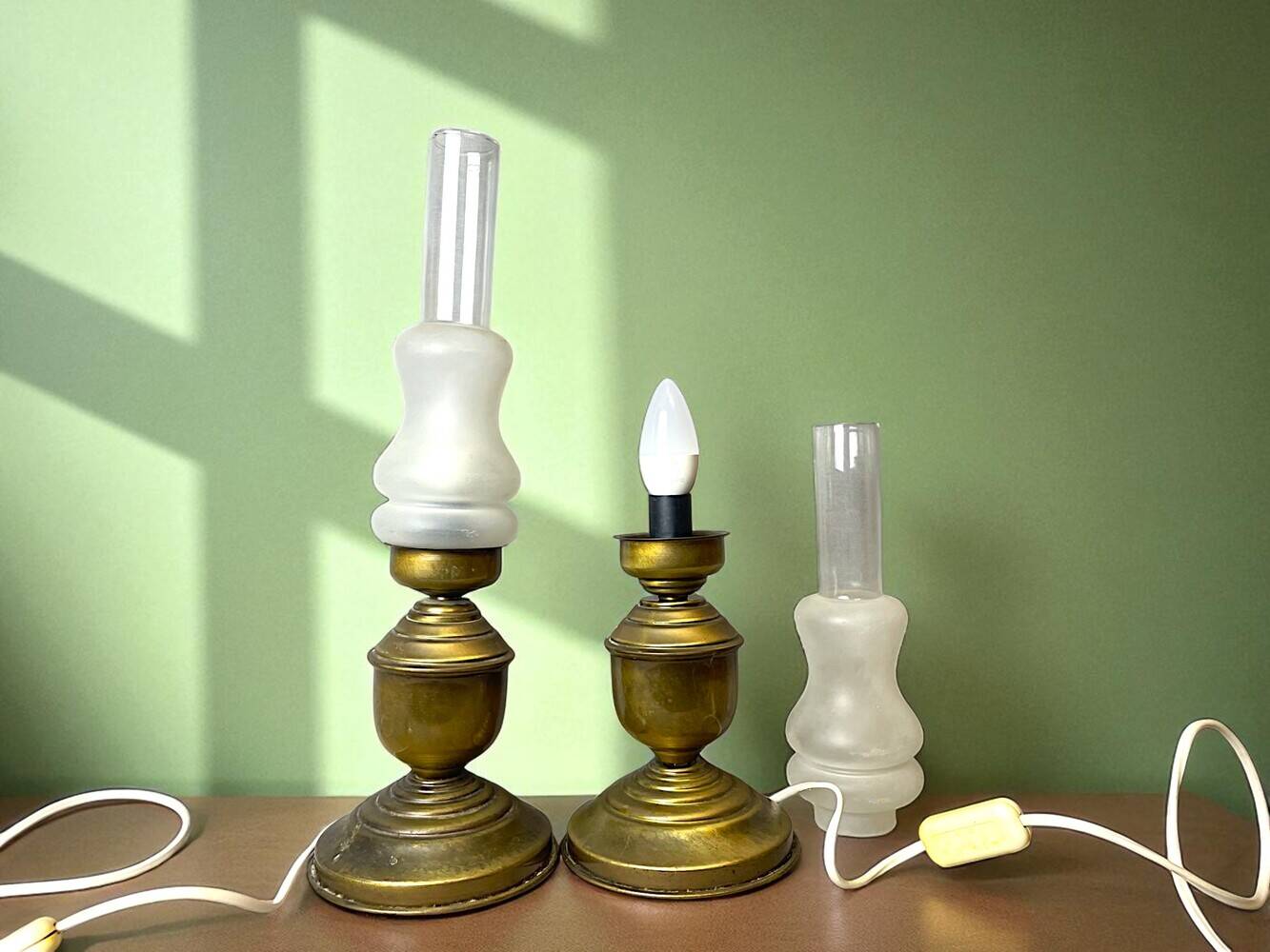 Pair Portuguese rustic brass table lamps
