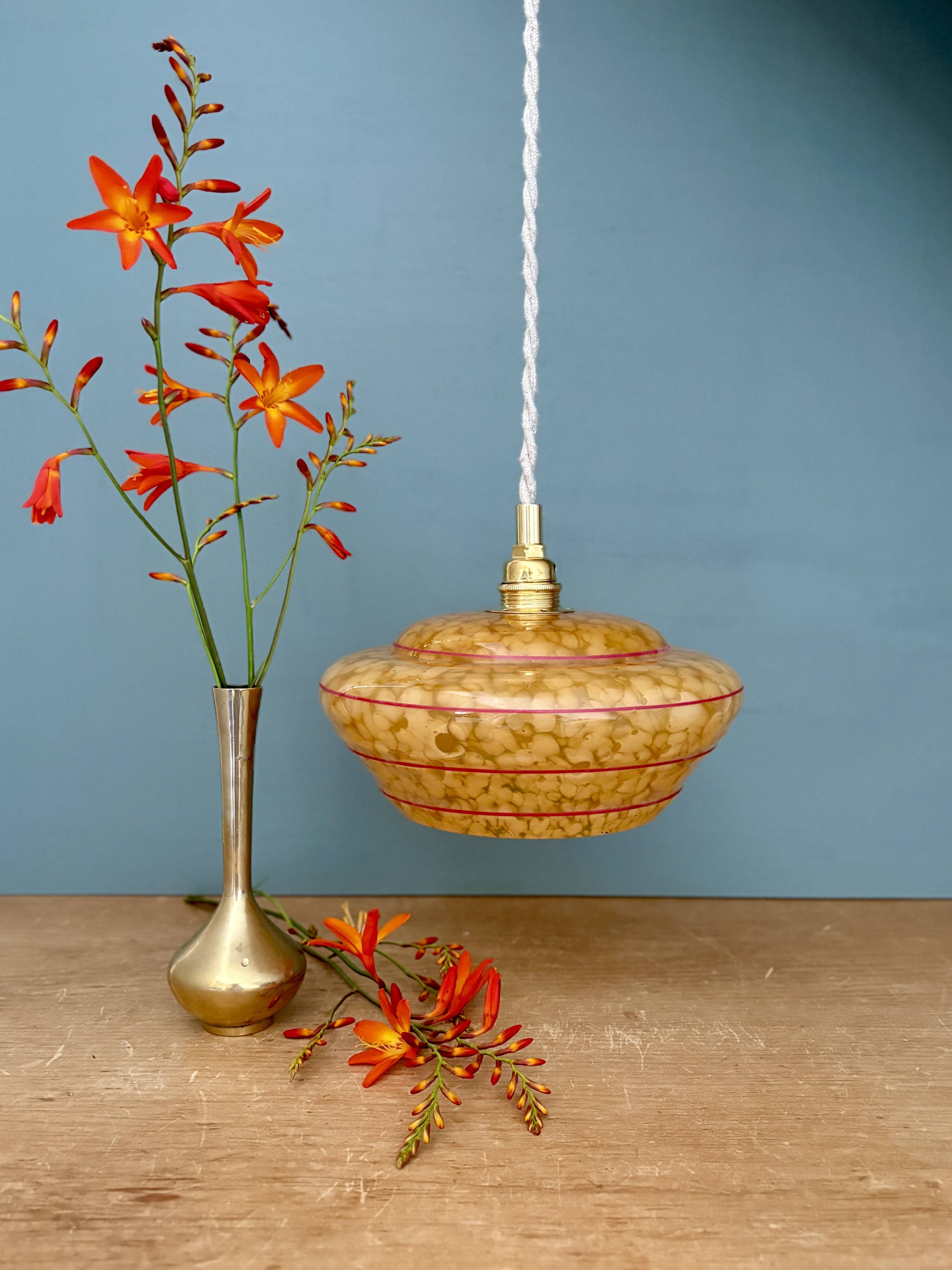 Vintage pendant lamp shade in yellow Clichy glass with red trim