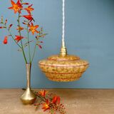 Vintage pendant lamp shade in yellow Clichy glass with red trim