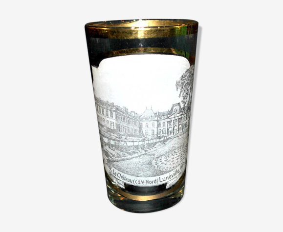 Verre souvenir de Lunéville ancien - Paysage en grisaille et liseré or